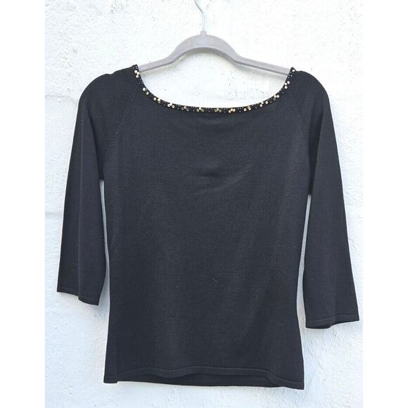 Muse Vintage 90s Top Womens 8 Med Black Silk Nylon Stretch V Neck Sequin Shirt - Picture 13 of 16